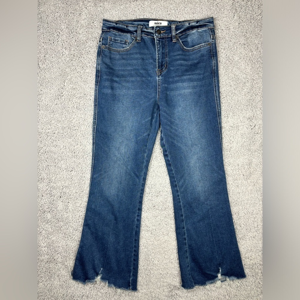 Mica Jeans Womens 28 High Rise Flare Crop Bell Bottoms Raw Hem Distressed BOHO